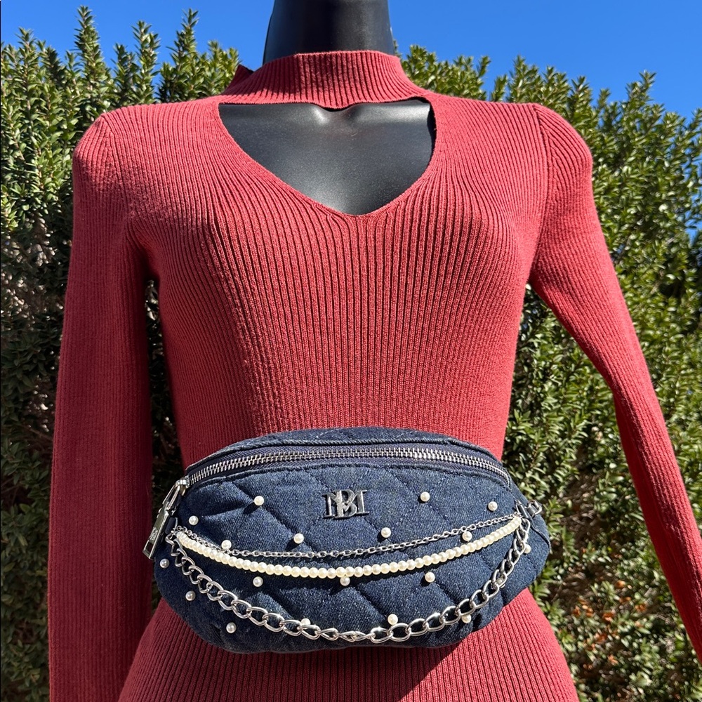 Badgley Mischka Denim Diamond Quilted Navy Jean FannyPack w/pearls-VEGAN LEATHER